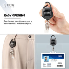 Load image into Gallery viewer, Booms Fishing RG4 2-Pack Fly Fishing Retractor, Locking Retractable Gear Tether, Heavy Duty Retractable Keychain with 27.5” Steel Retractable Cord, 7.7oz