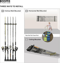 Load image into Gallery viewer, Booms Fishing WV4 Fishing Pole Holder, Wall Mounted Fishing Rod Holders for Garage, Vertical/Horizontal/Ceiling Fishing Pole Rack,Store Up to 10 Rods to Save Your Space
