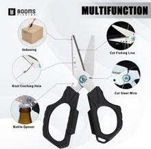 Load image into Gallery viewer, Booms Fishing S04 Multifunction Braided Line Scissors with Side Wire Cutter, Fishing Serrated Shears with Retractor and Sheath
