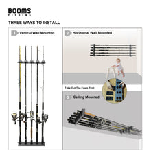 Load image into Gallery viewer, Booms Fishing WV4 Fishing Pole Holder, Wall Mounted Fishing Rod Holders for Garage, Vertical/Horizontal/Ceiling Fishing Pole Rack,Store Up to 10 Rods to Save Your Space, 4 Colors Available
